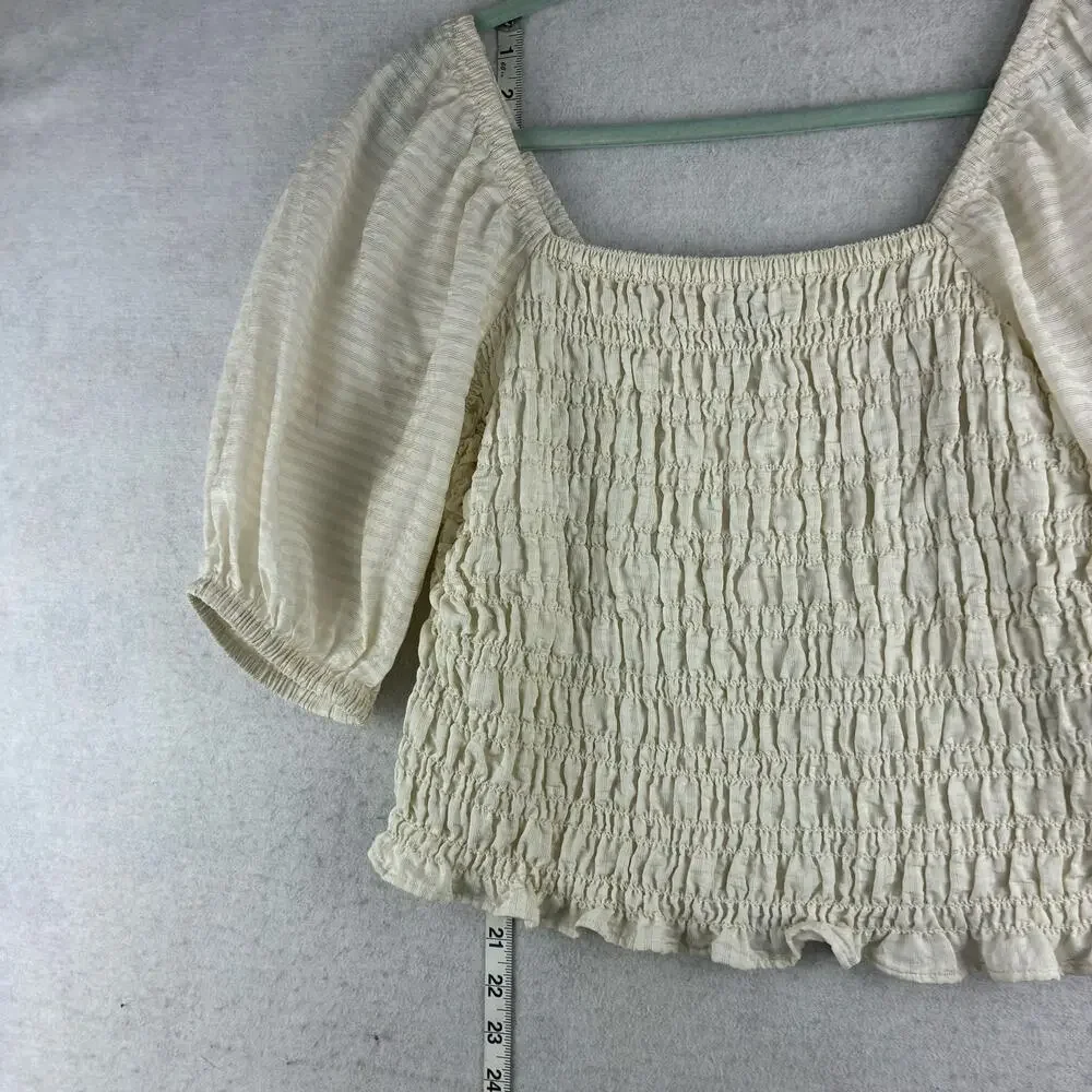 Old Navy All Over Smocking Puff Slv Crop Boho Cottage Blouse Womens Medium Ivory